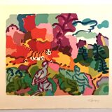 Charles lapicque, tiger hunt, 1961. original lithograph signed on the c
