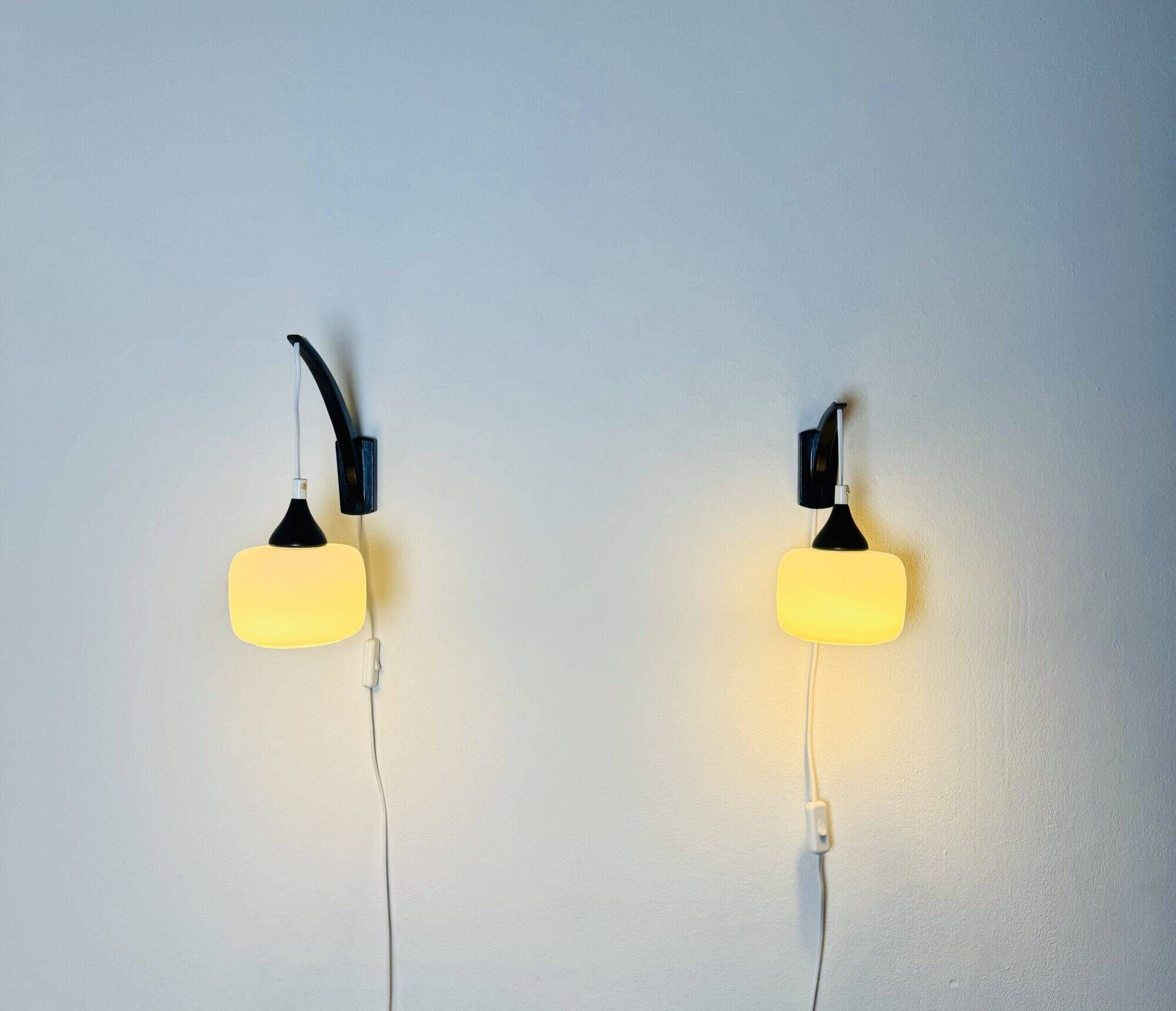 Set Of Single-Arm Wall Lamps In Teak And Opaline Glass By Uno & Östen Kristiansson For Luxus, Sweden 1960S