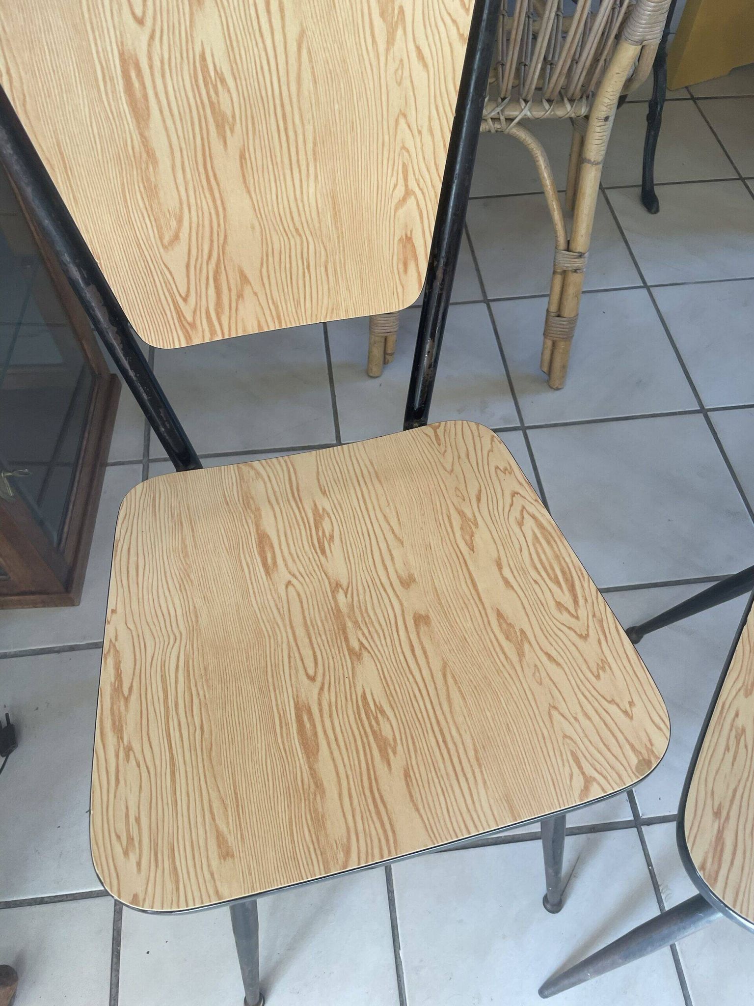 Pair of Formica chairs with a wood effect