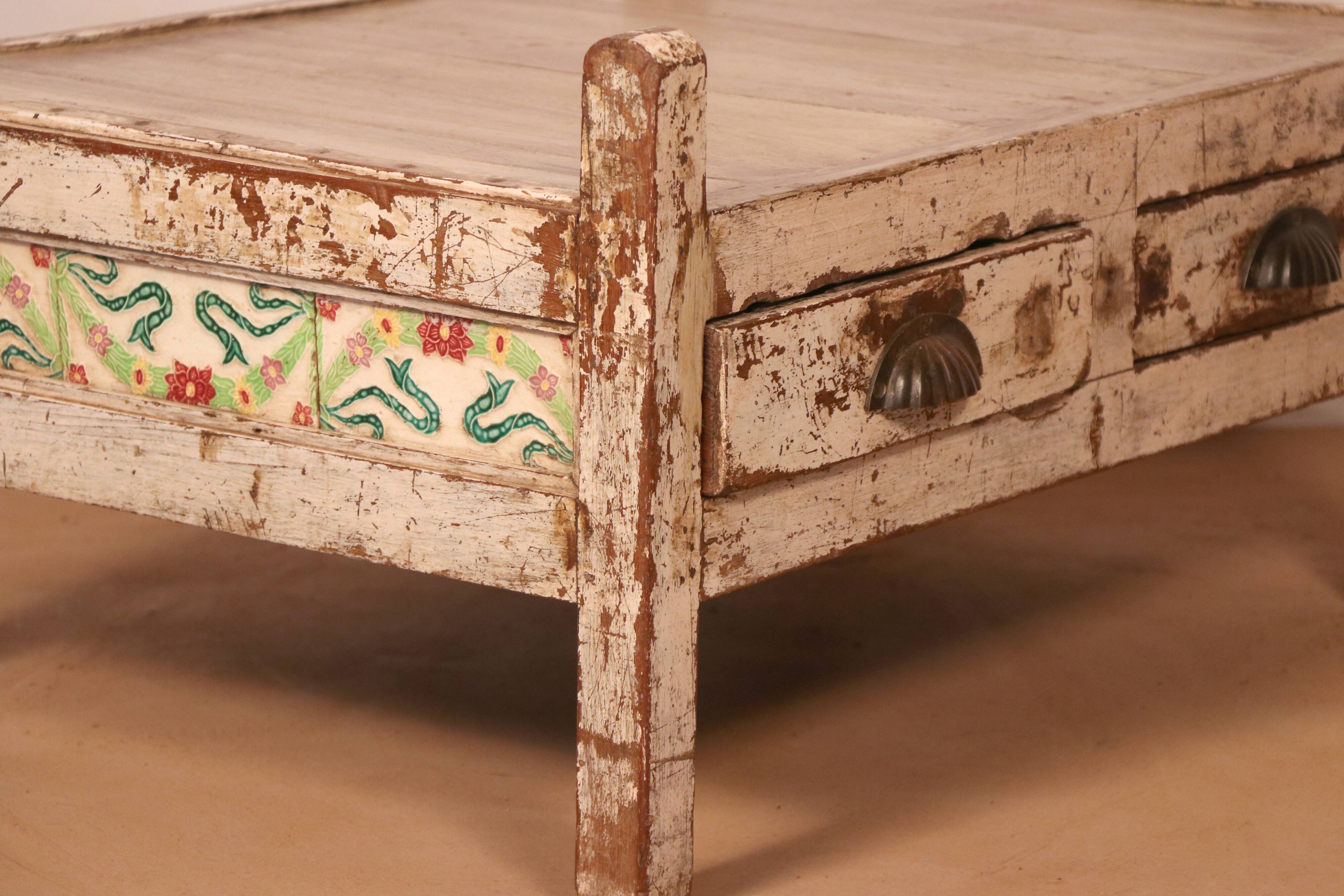 Old Burmese teak trade table original ecru patina