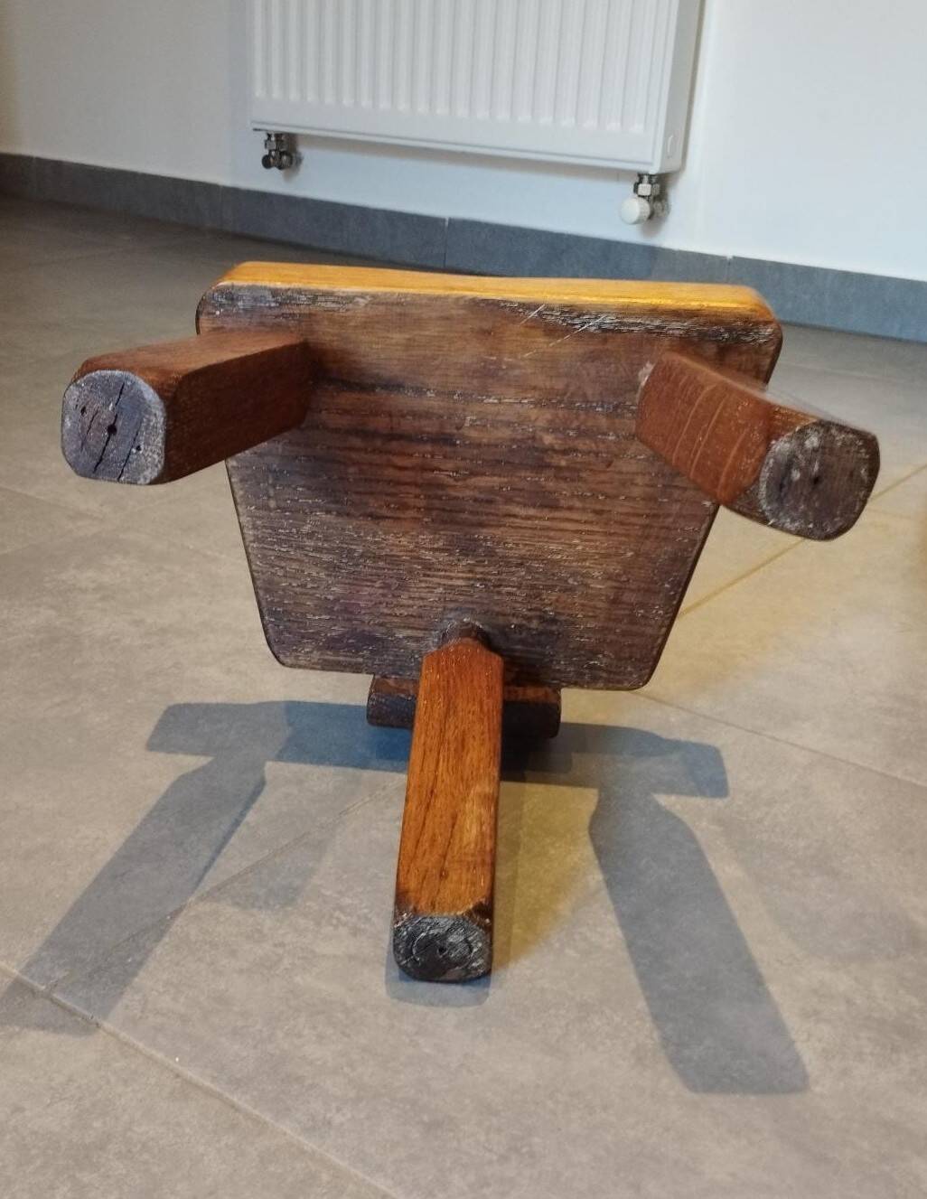 Tripod chair for children, Scandinavian brutalist chalet design.