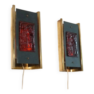 Pair of Scandinavian brass and glass wall lights by Erik Hoglund