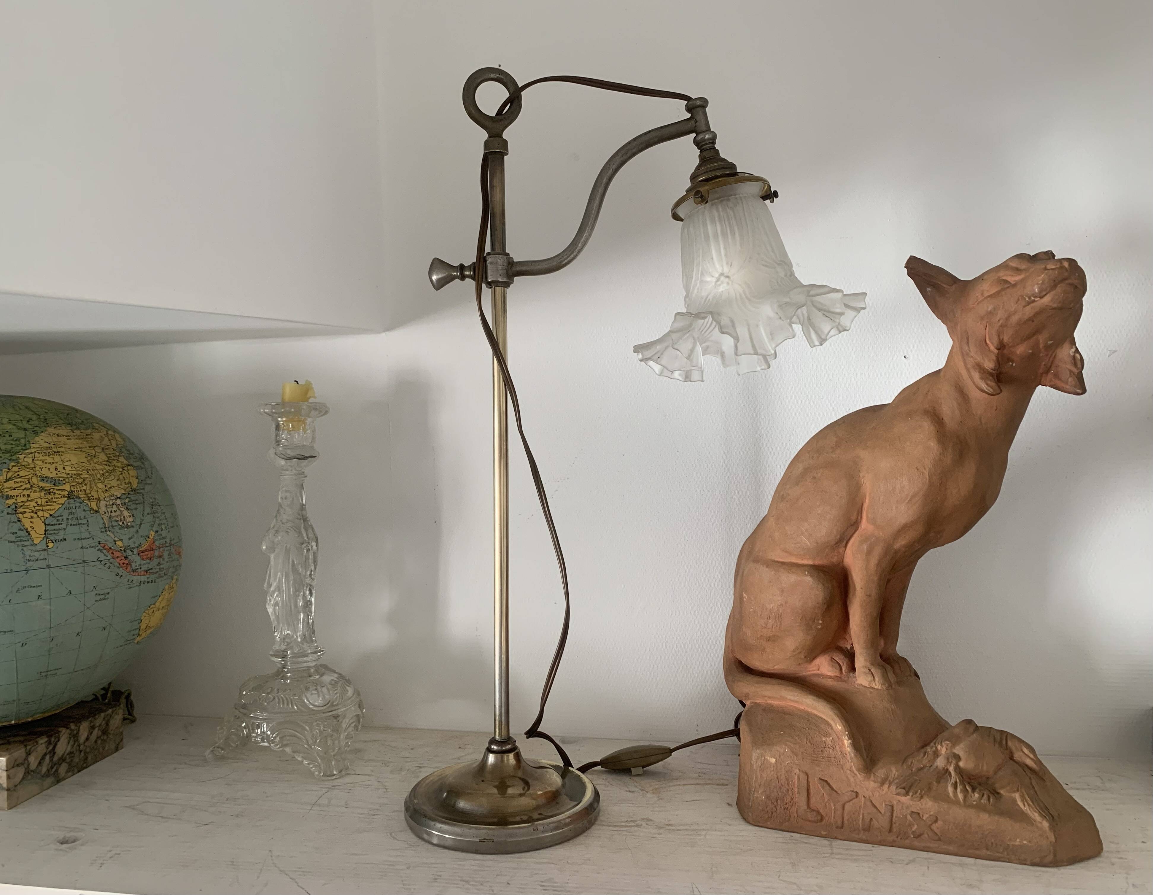 Gooseneck lamp "rise and fall" in brass and glass tulip, 1900