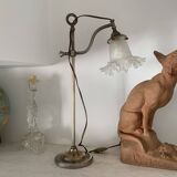 Gooseneck lamp "rise and fall" in brass and glass tulip, 1900