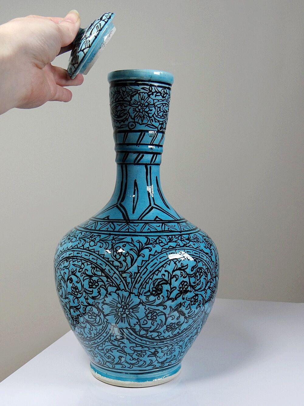 Covered vase or Persian jar, glazed Iznik pottery, vintage turquoise painted.