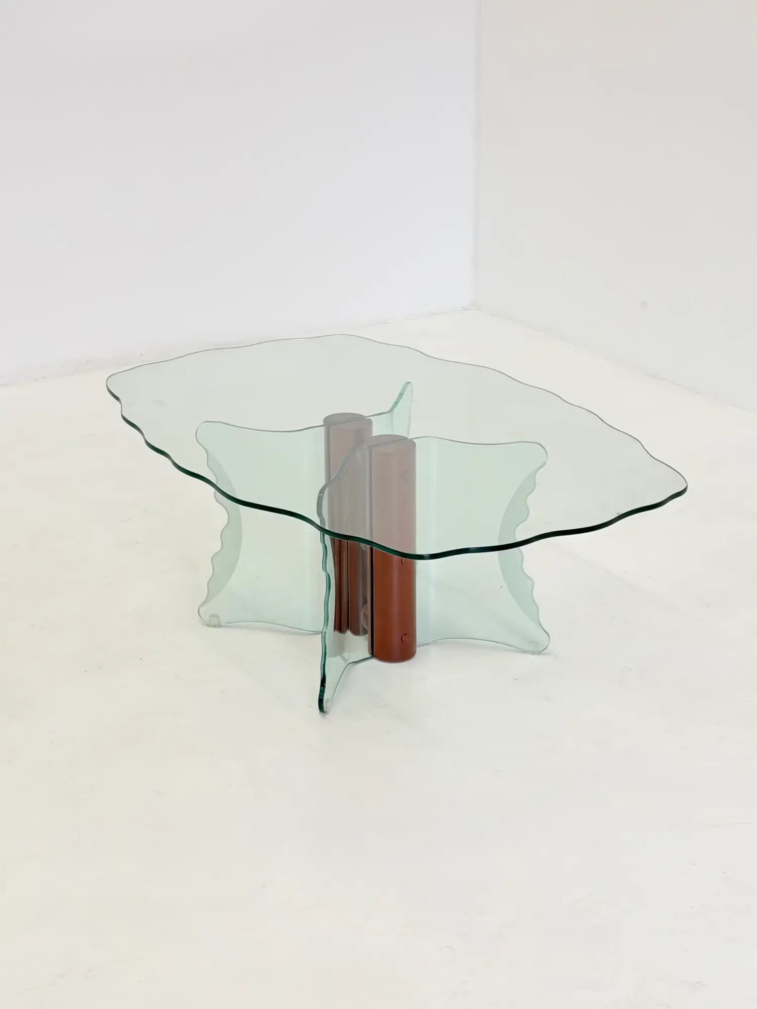 Vintage postmodern coffee table with wavy glass and wooden spheres