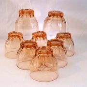 Vintage service in pink salmon glass – Carafe, 8 glasses, and Art Deco tray.