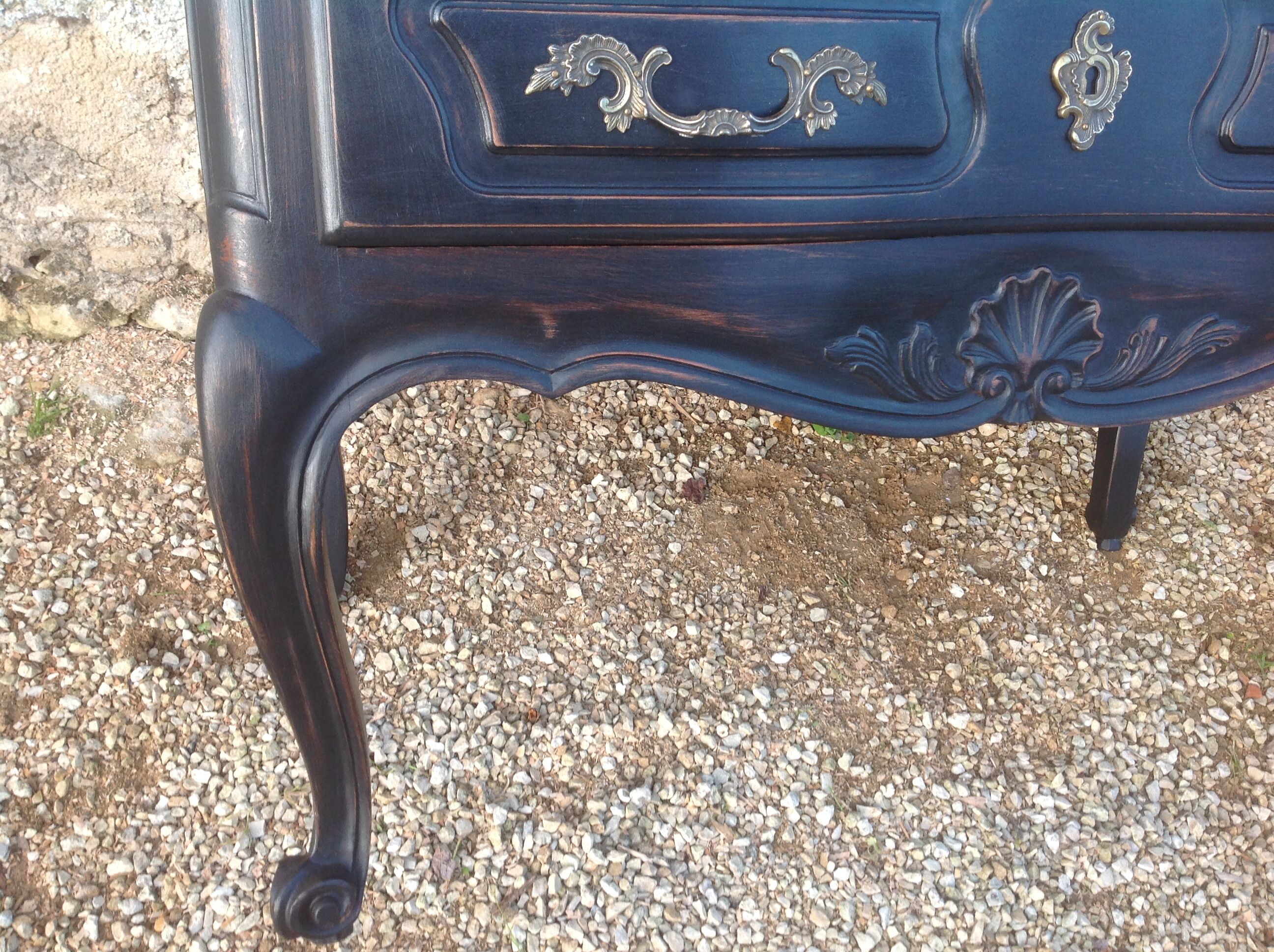 Louis XV style scriban bookcase in black and Basque red patinated cherry wood