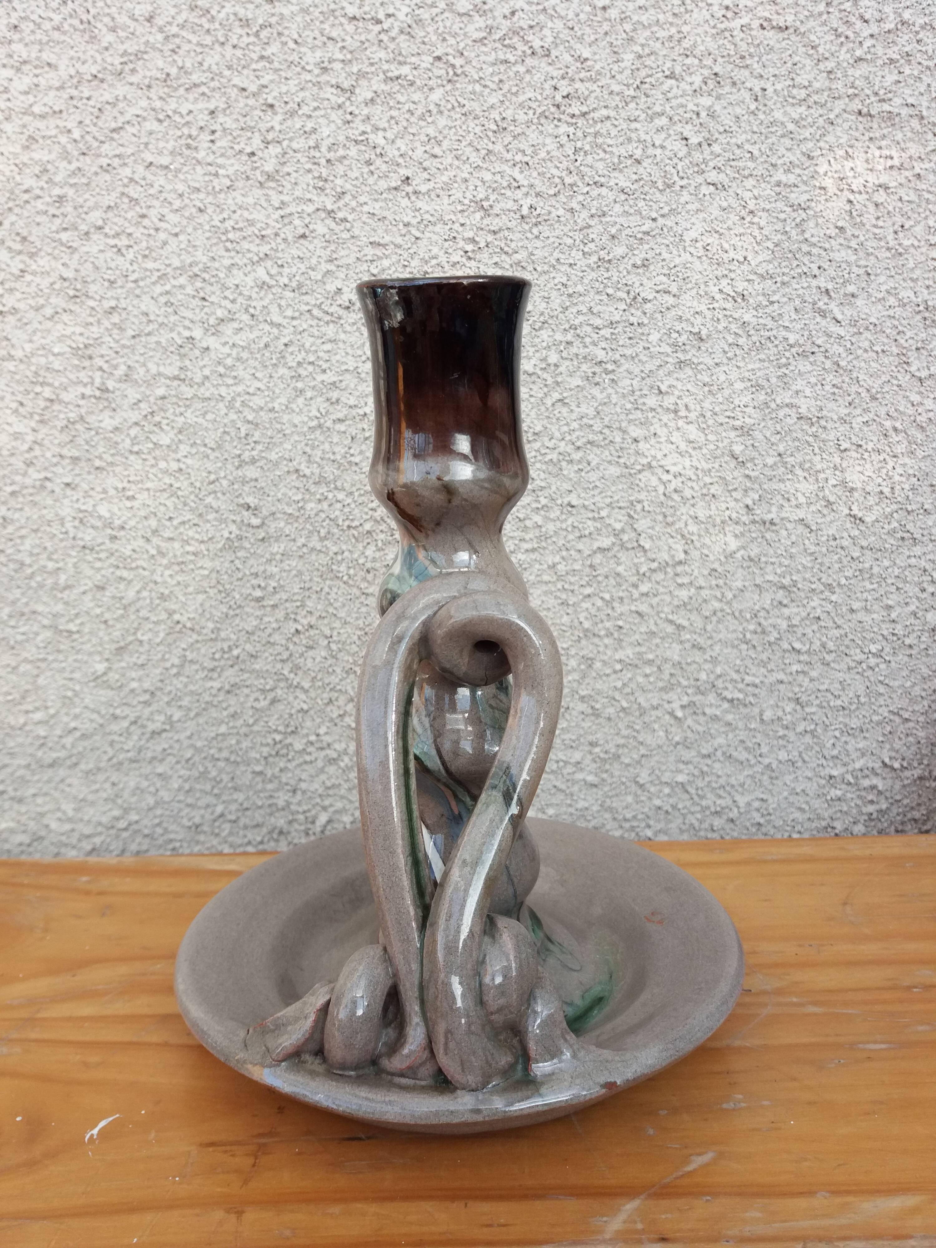 Marbled ceramic cellar rat candle holder signed