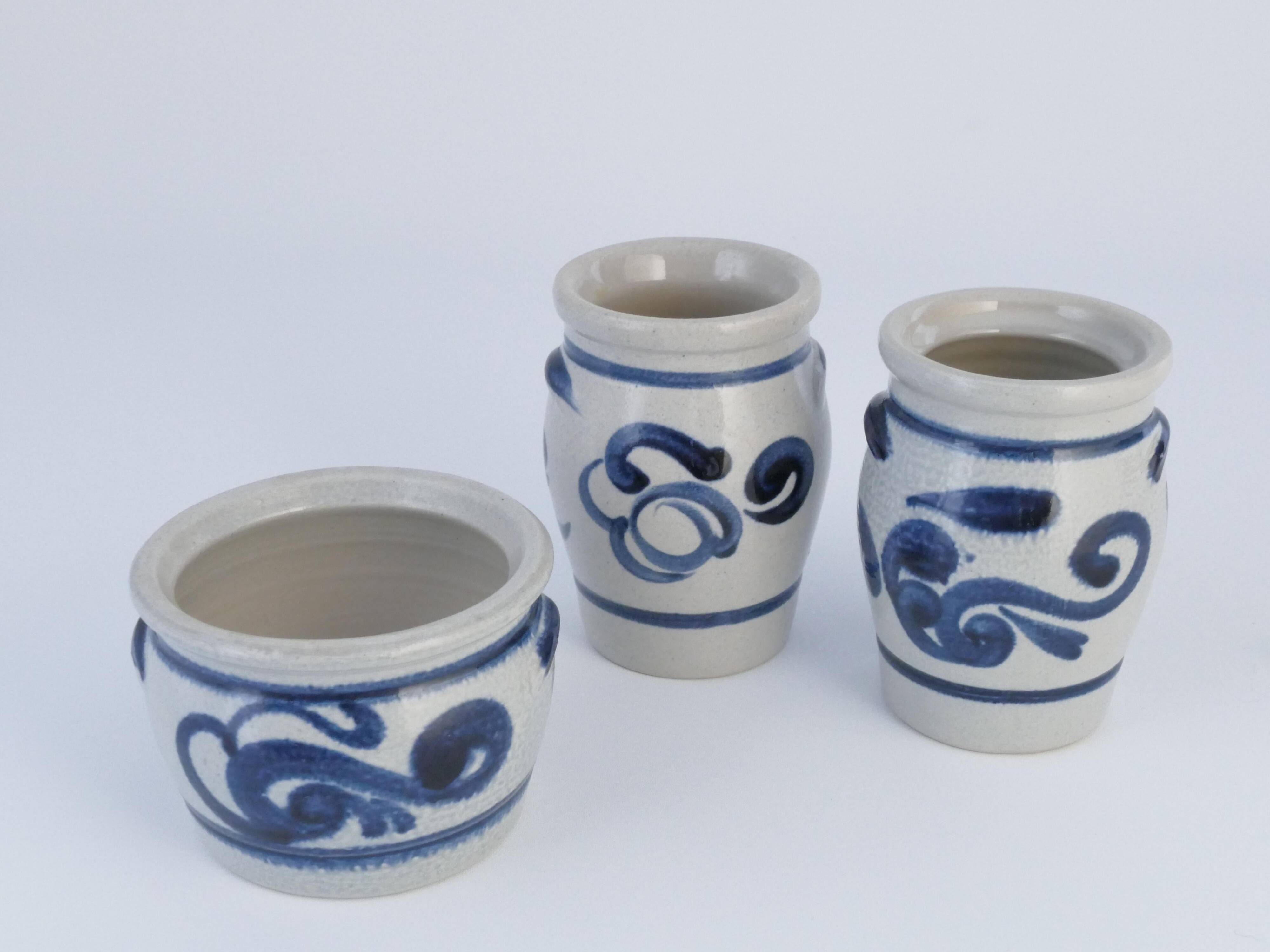 Stoneware Jars with Cobalt Blue Floral Motif from Westerwald, Germany, Set of 3