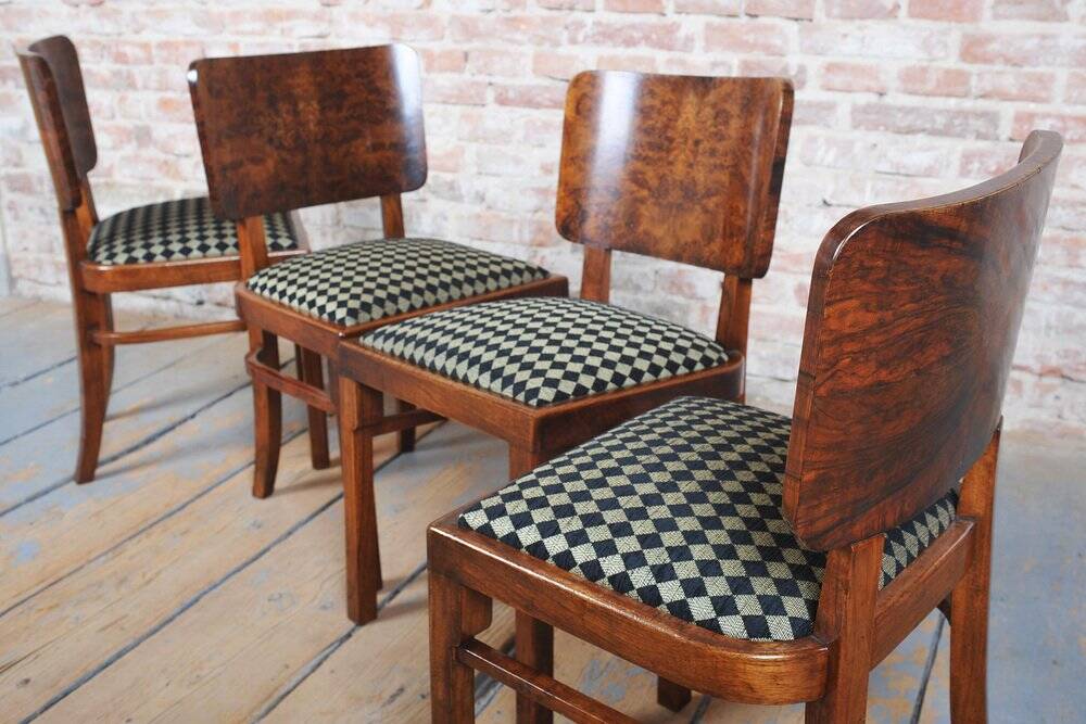 Art Deco Dining Set in Beech, Spruce and Walnut Veneer, Czech, 1920s, Set of 5