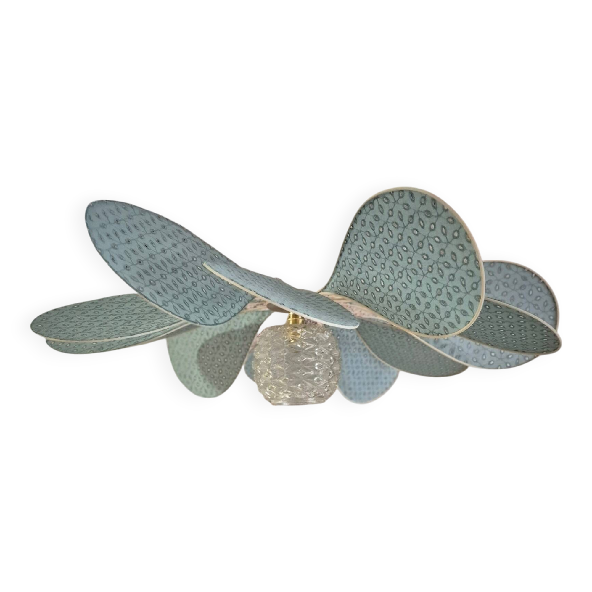 12-petal rattan and sage embroidery pendant light + vintage globe