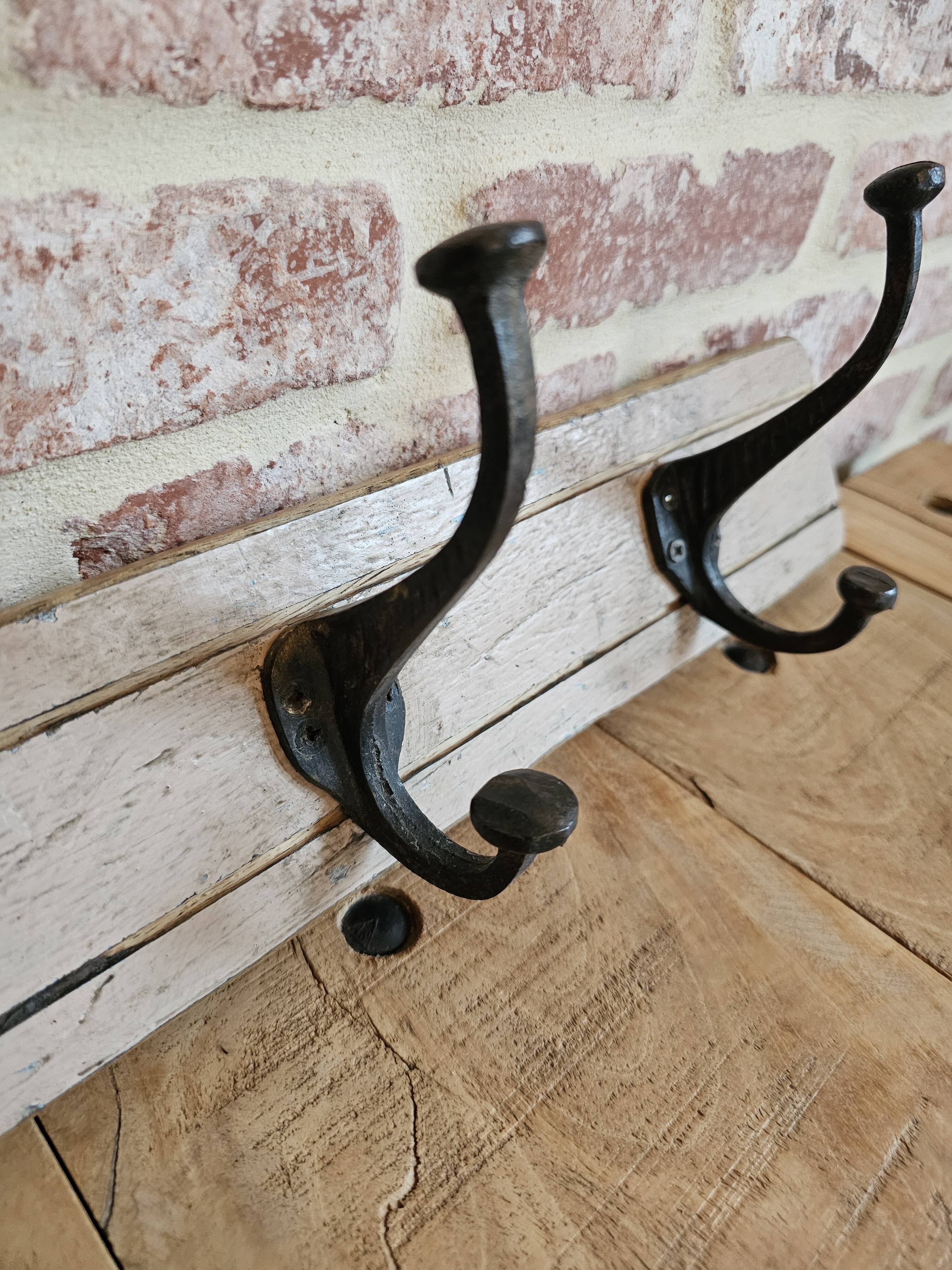 Solid teak coat hook with 4 double cast iron hooks