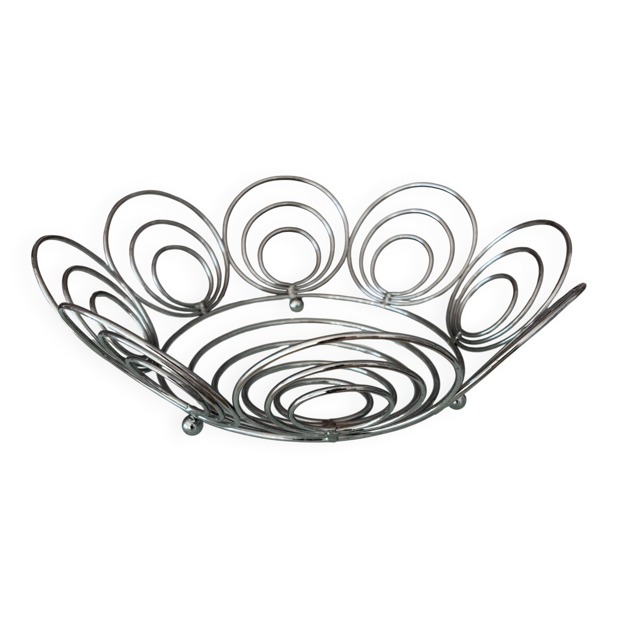 Vintage Y2K Chrome Spiral Fruit Basket – Space Age Wire Bowl