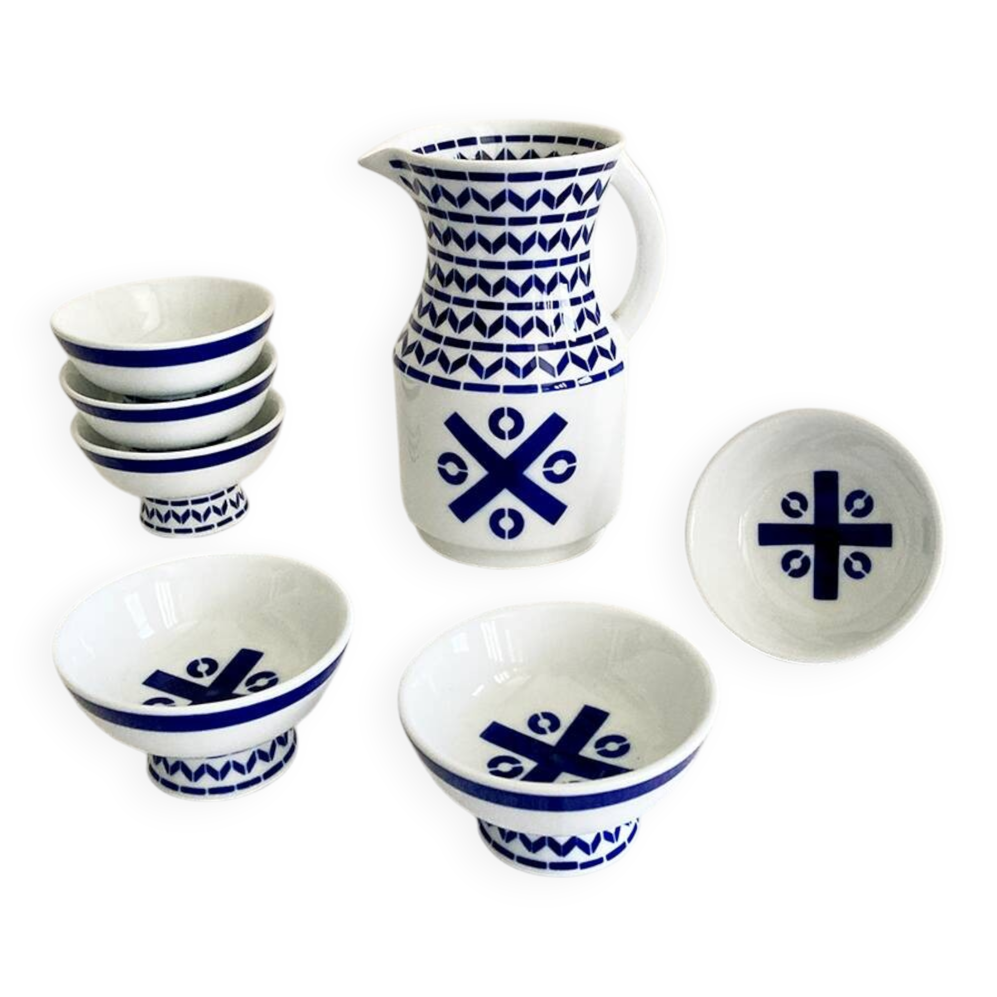 Set of six Sargadelos porcelain wine glasses and pitcher