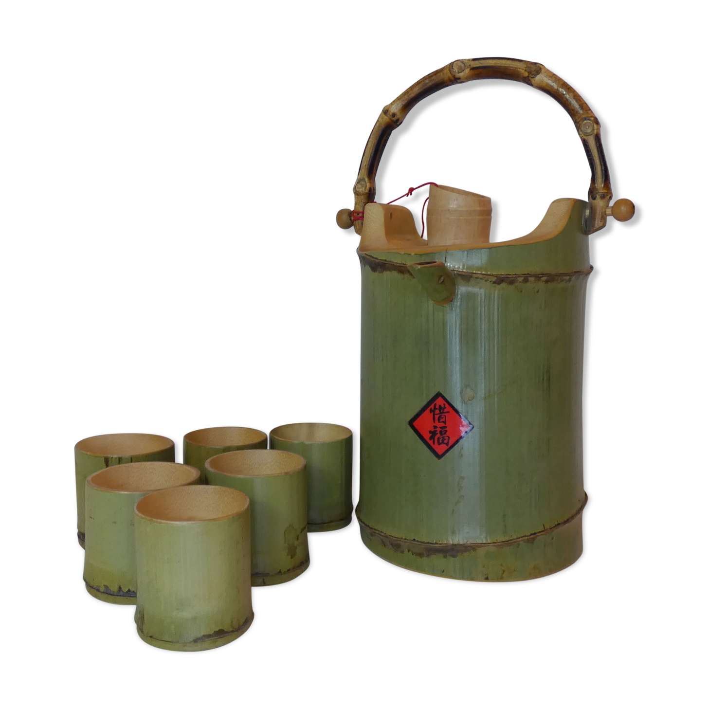 bamboo teapot service and folk art cups