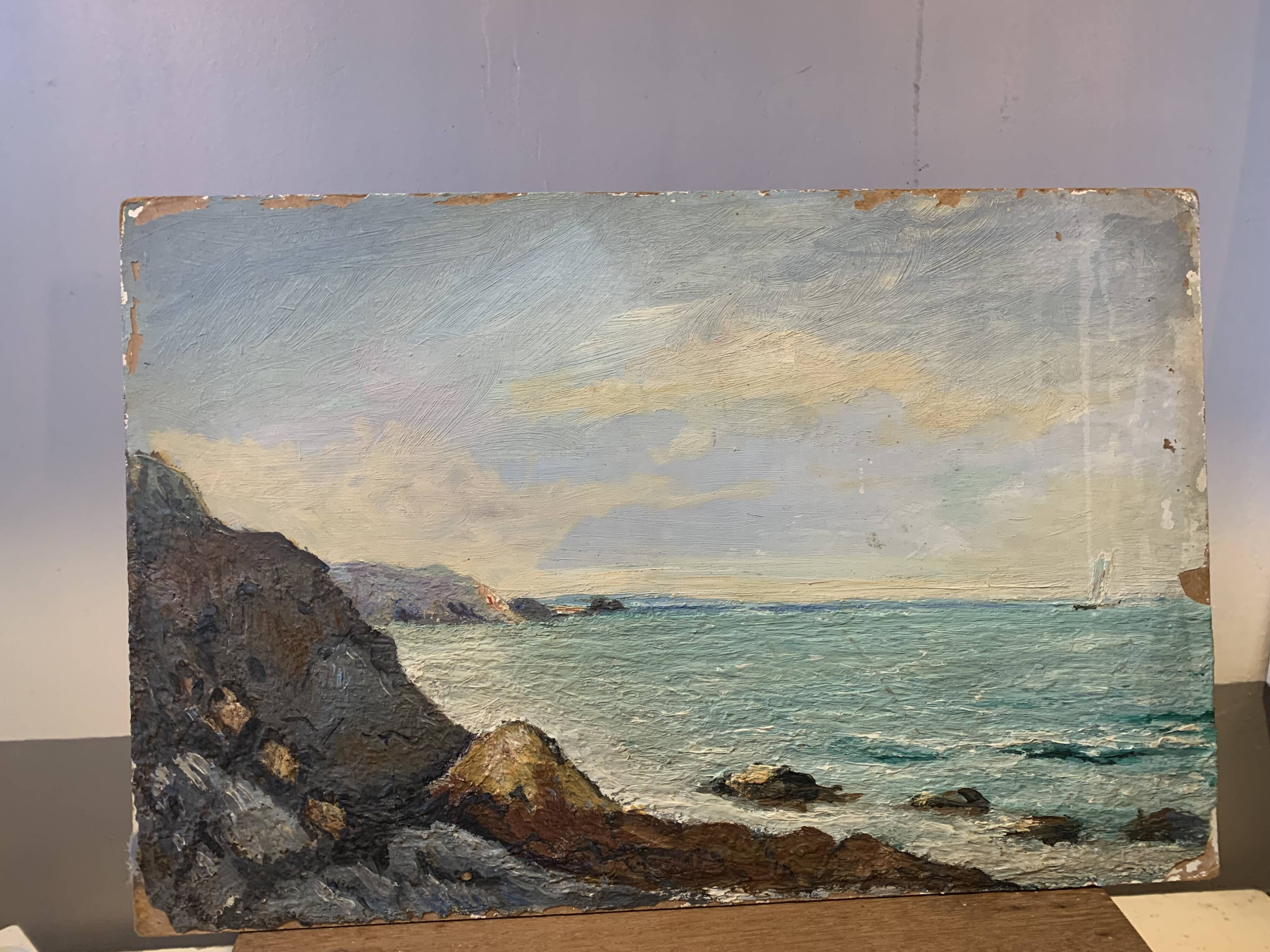 Seaside painting, on board, vintage, unsigned Dimensions: 41 x 27 cm