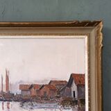 Mid-Century Modern Swedish "Coastal Sunset" Vintage Seascape Oil Painting, Framed