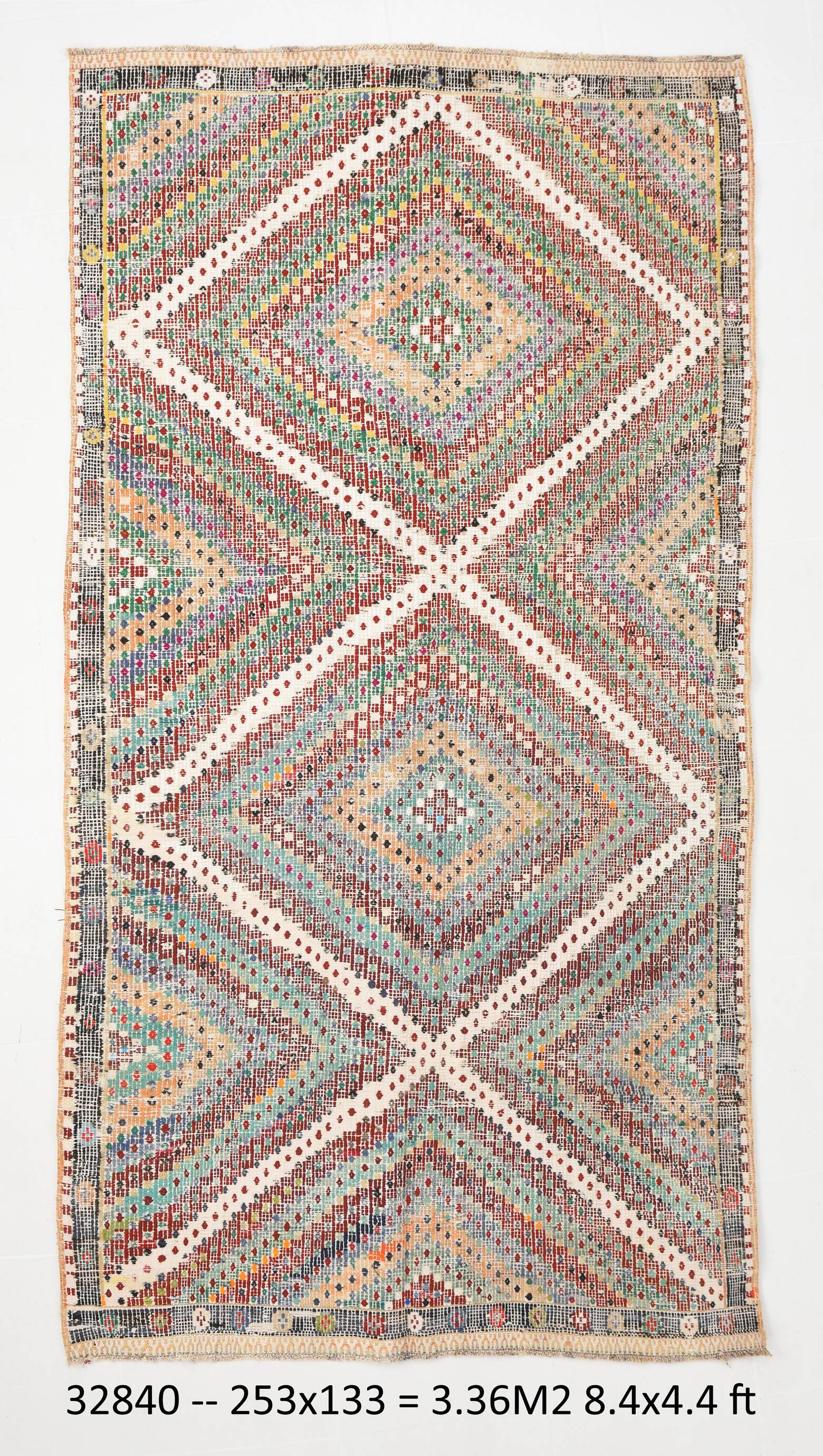 4x8 Green & Beige Vintage Kilim Rug, 133x253Cm