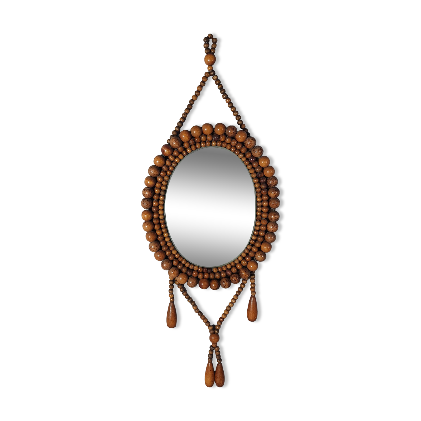 Oval mirror wooden beads, vintage 60/70s to hang 60x22 cm C226