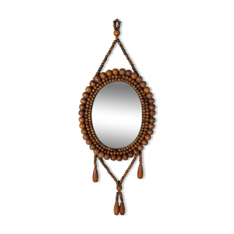 Oval mirror wooden beads, vintage 60/70s to hang 60x22 cm C226