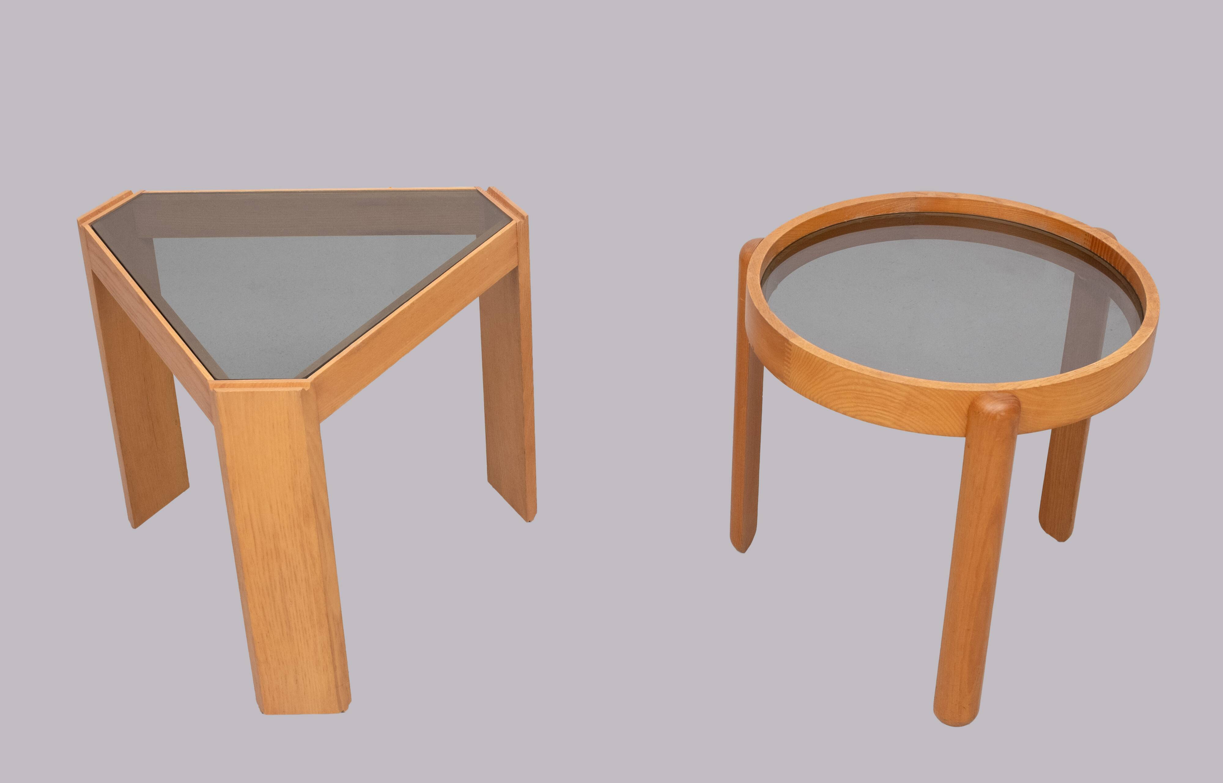 Porada Arredi Beechwood Smoked Glass side tables 1970s Italy