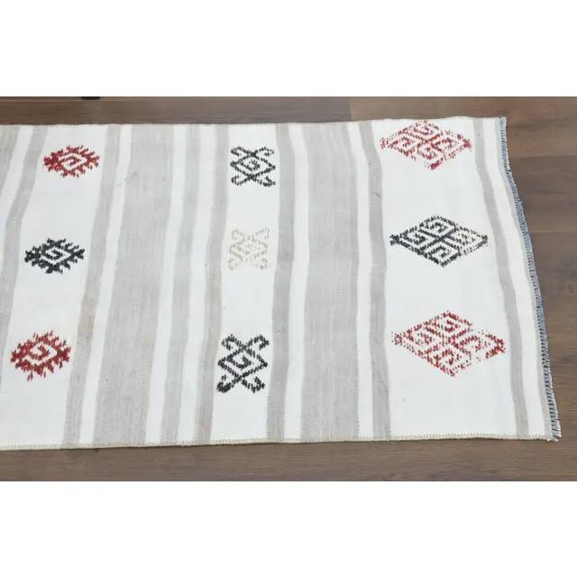 Vintage Turkish Hand-Knotted Wool Cotton White Runner Rug 70x242
