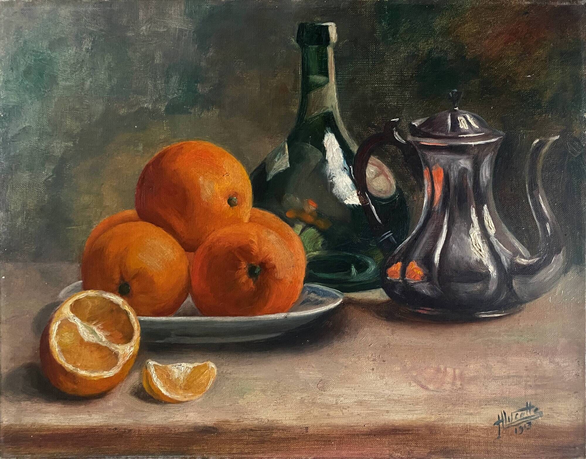 HST painting "Still life with oranges and armagnac" signed H. Lucotte 1913