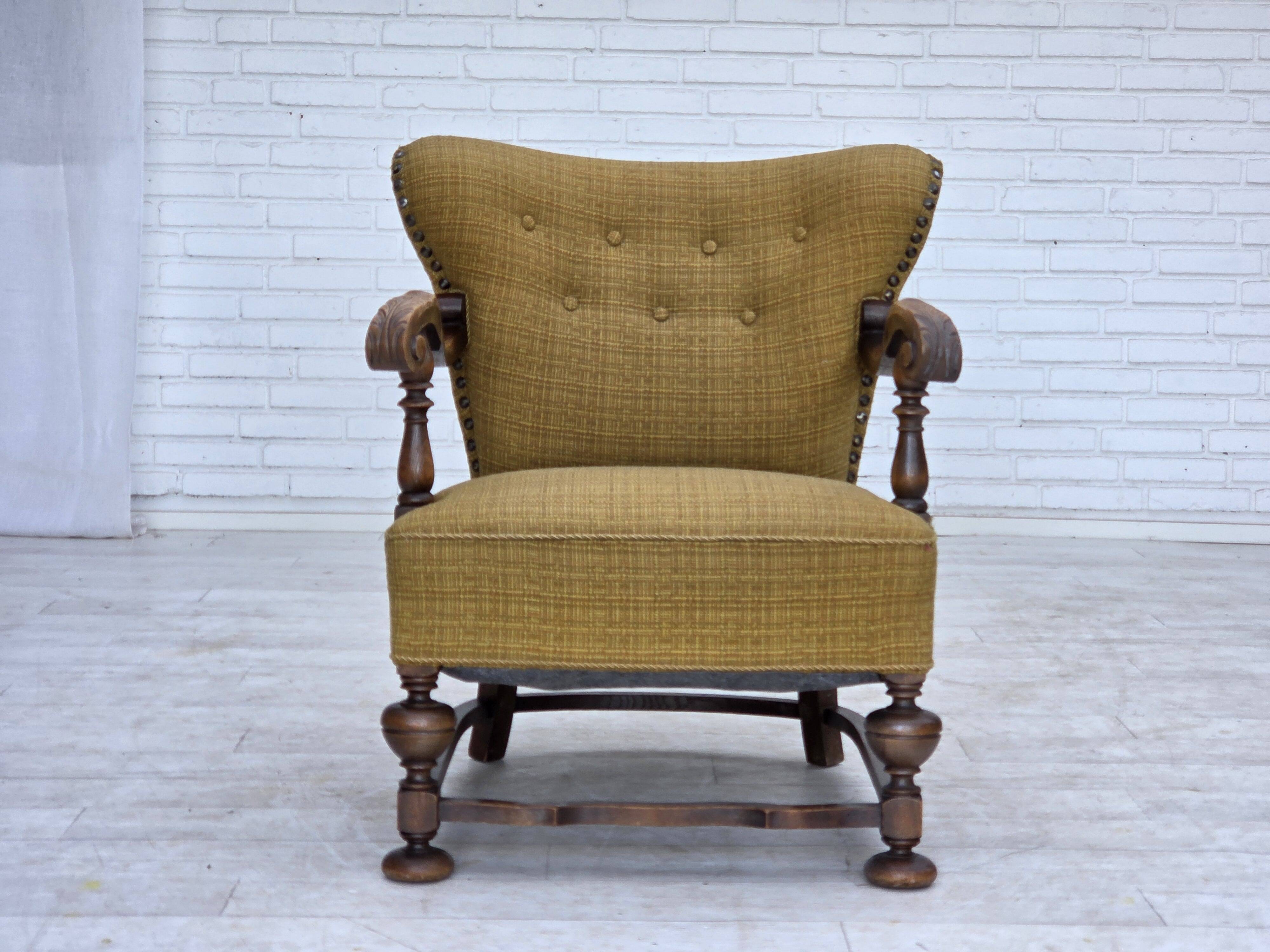 1960s, Danish armchair, original green furniture wool, carved oak wood,