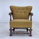 1960s, Danish armchair, original green furniture wool, carved oak wood,