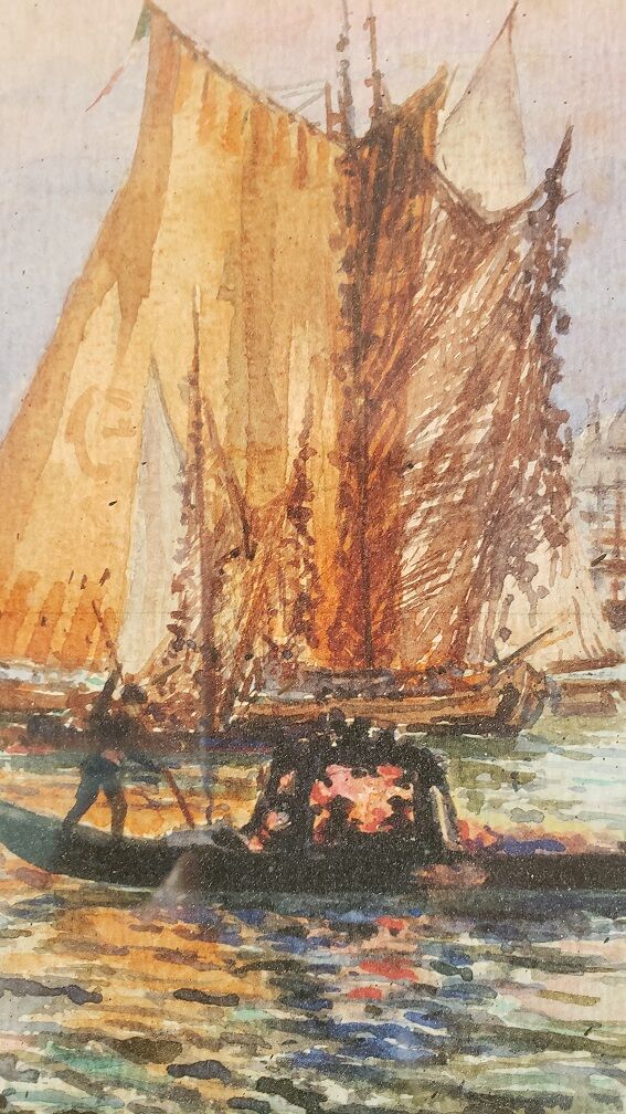 Watercolor painting "Gondola in Venice" by Alfred Justin Blondeau (XIXth).