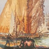 Watercolor painting "Gondola in Venice" by Alfred Justin Blondeau (XIXth).