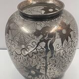 Vase ancien émaillé argent?- art nouveau - décor fourni chat, écureuil, oiseau