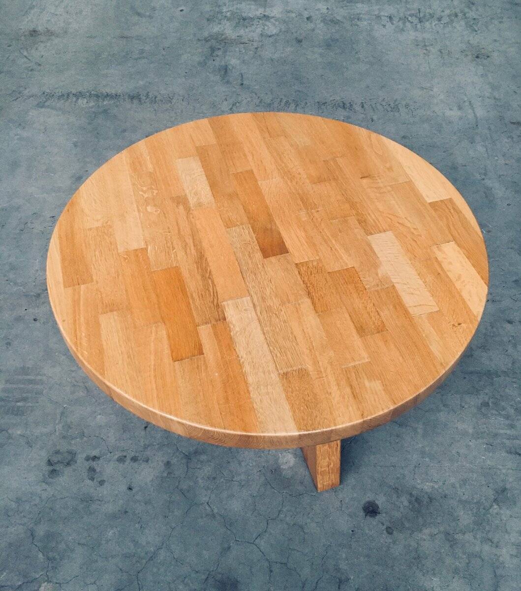 Brutalist Oak Round Coffee Table from Meubelfabriek Oisterwijk, Netherlands, 1960s