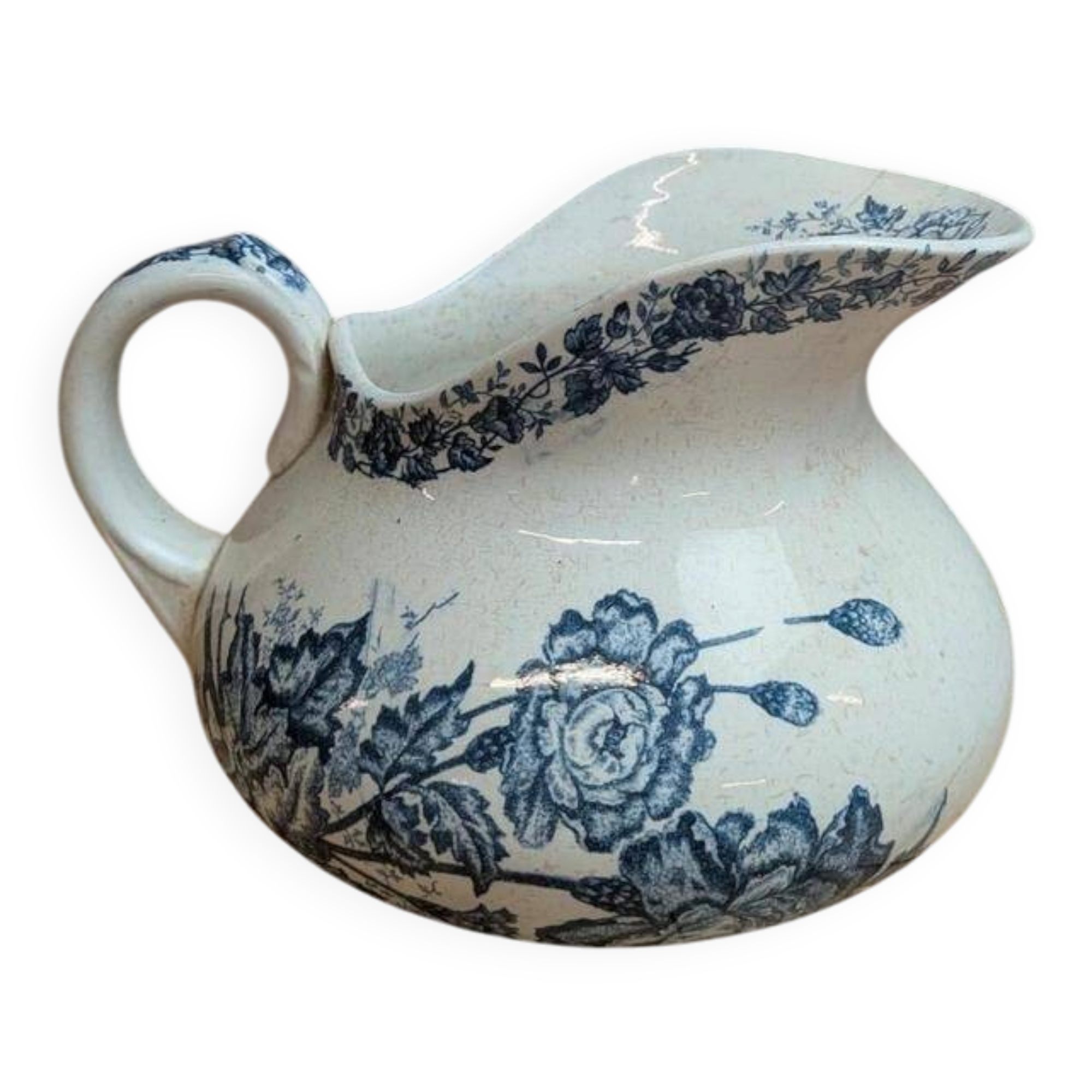 Small chubby antique jug in ironstone – blue floral decoration