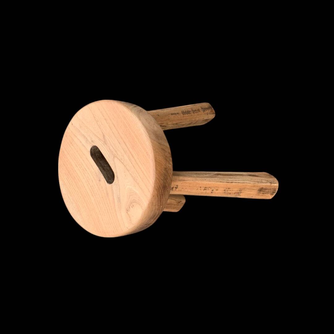 Antique brutalist tripod stool in solid wood