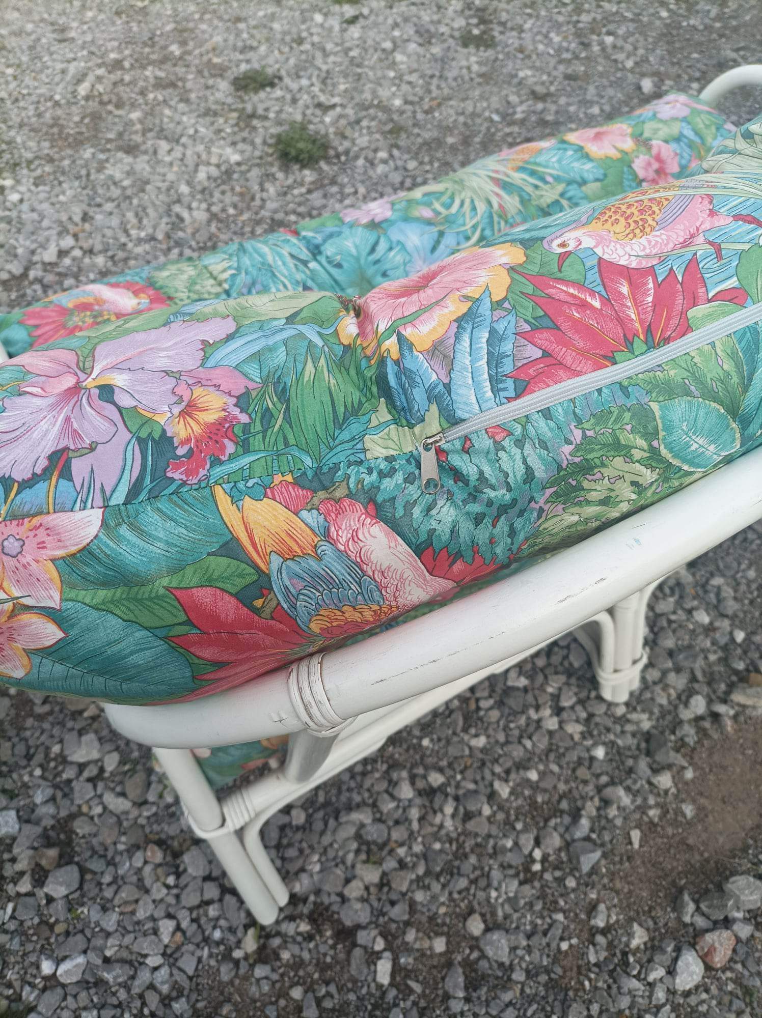 3 fauteuils blanc bambou osier avec coussins vintage