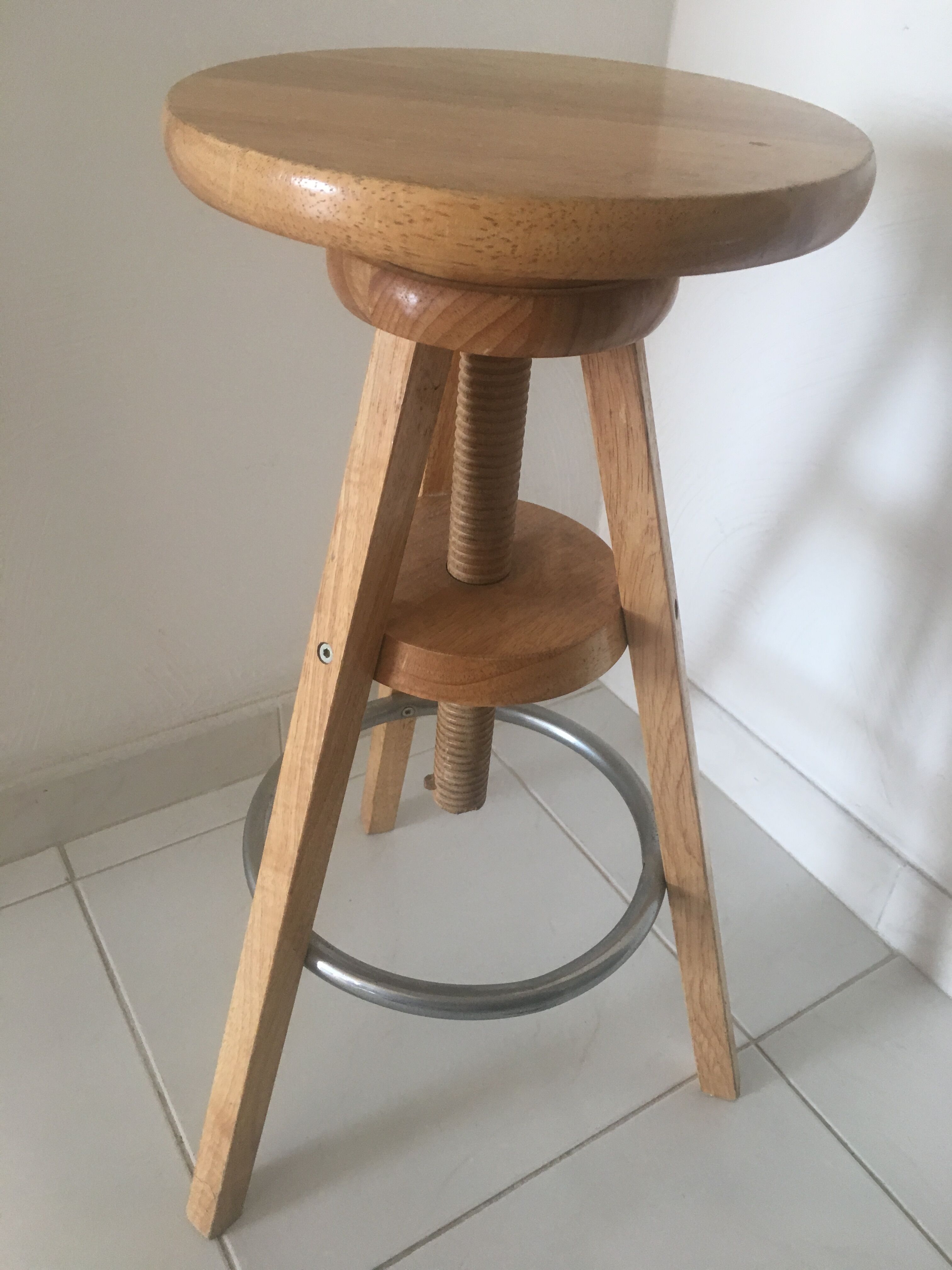 Wooden and metal tripod screw stool