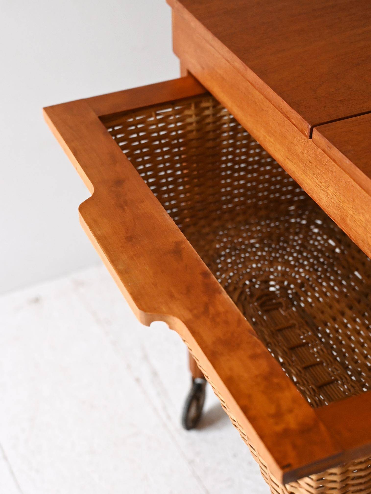 Vintage Scandinavian Sewing Table with Wheels and Basket