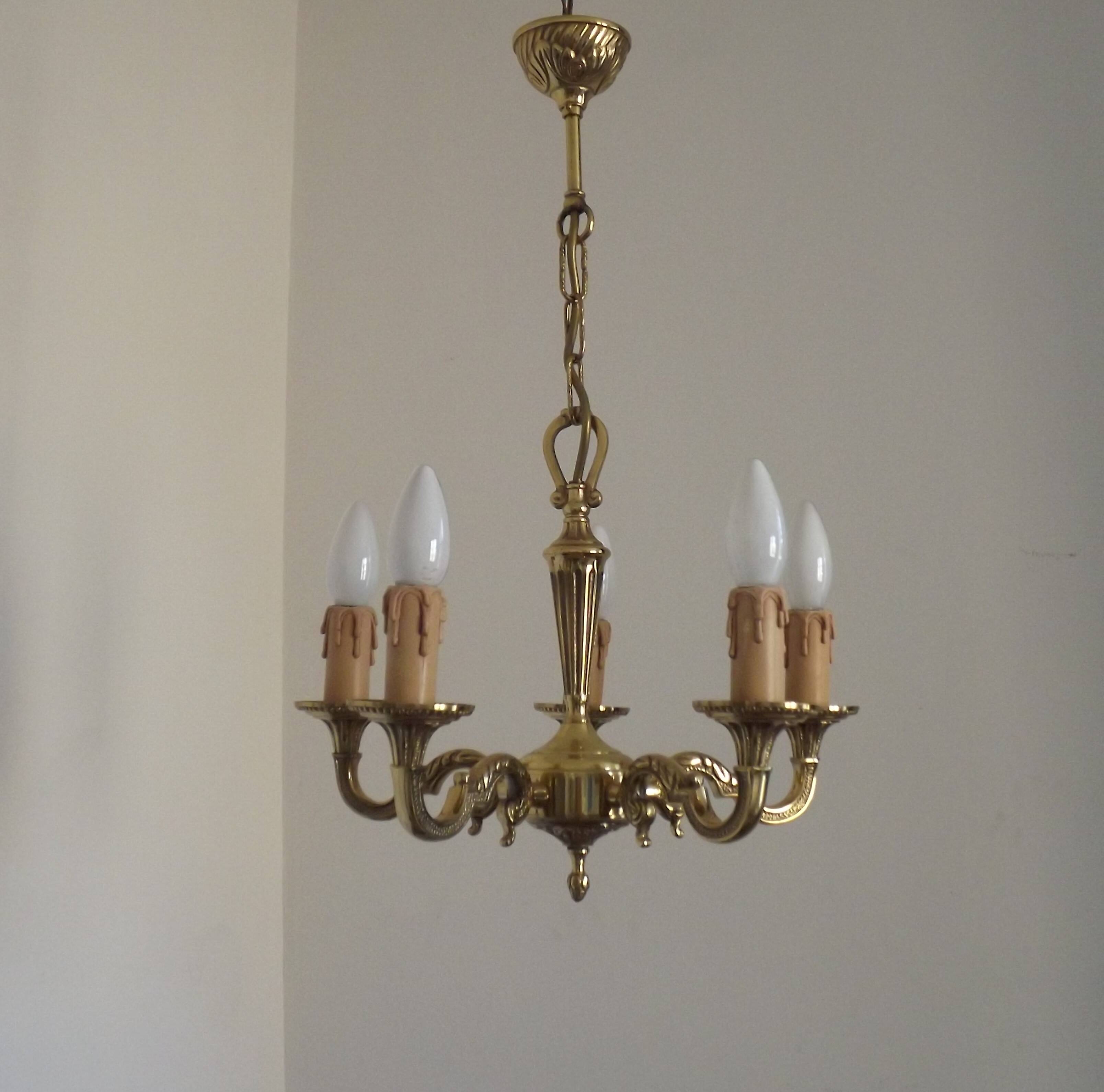 French Vintage 5 Light Quality Brass Chandelier with Scroll Acanthus Arms 5452