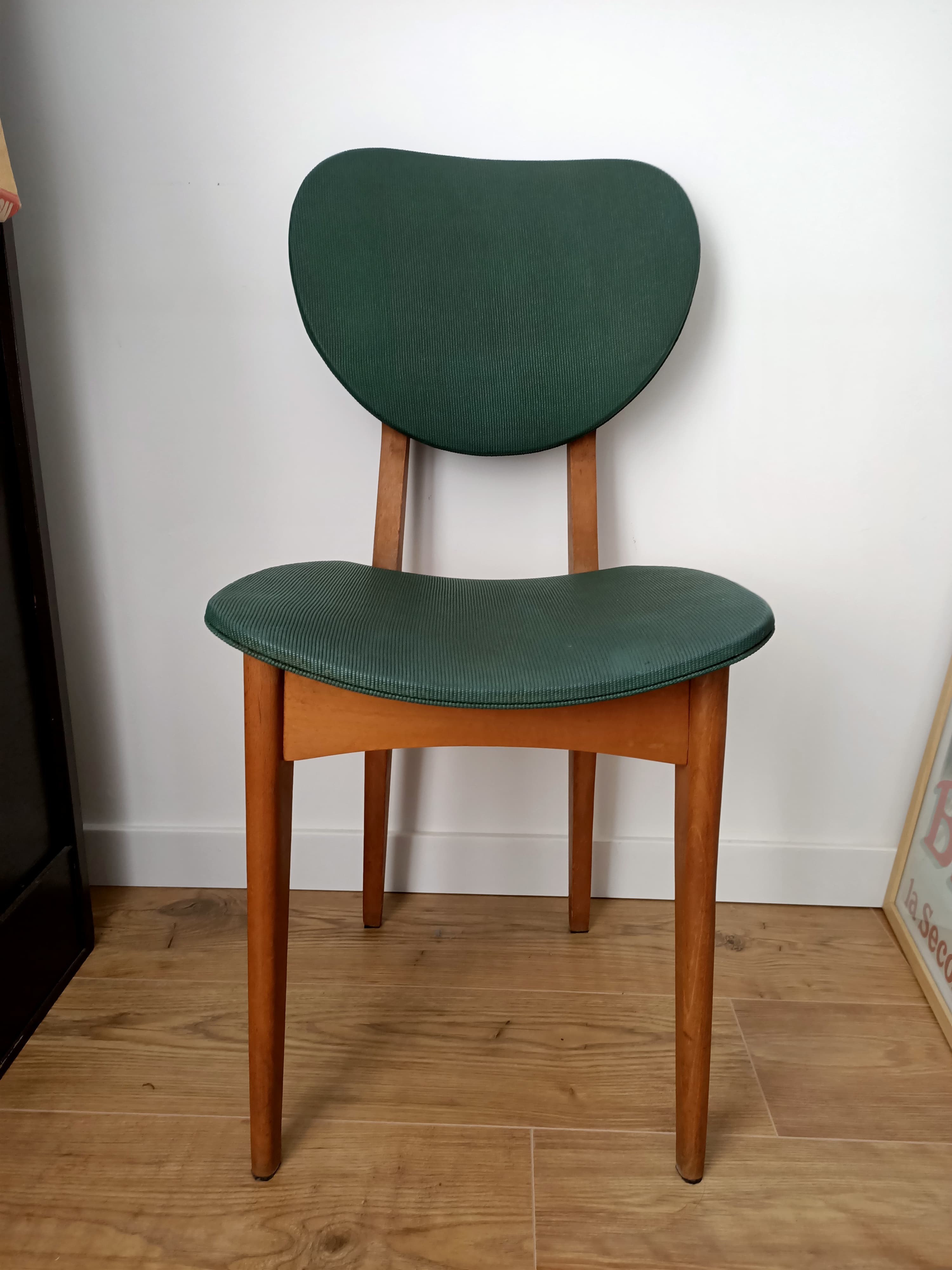 Wooden chair and green leather years -60s