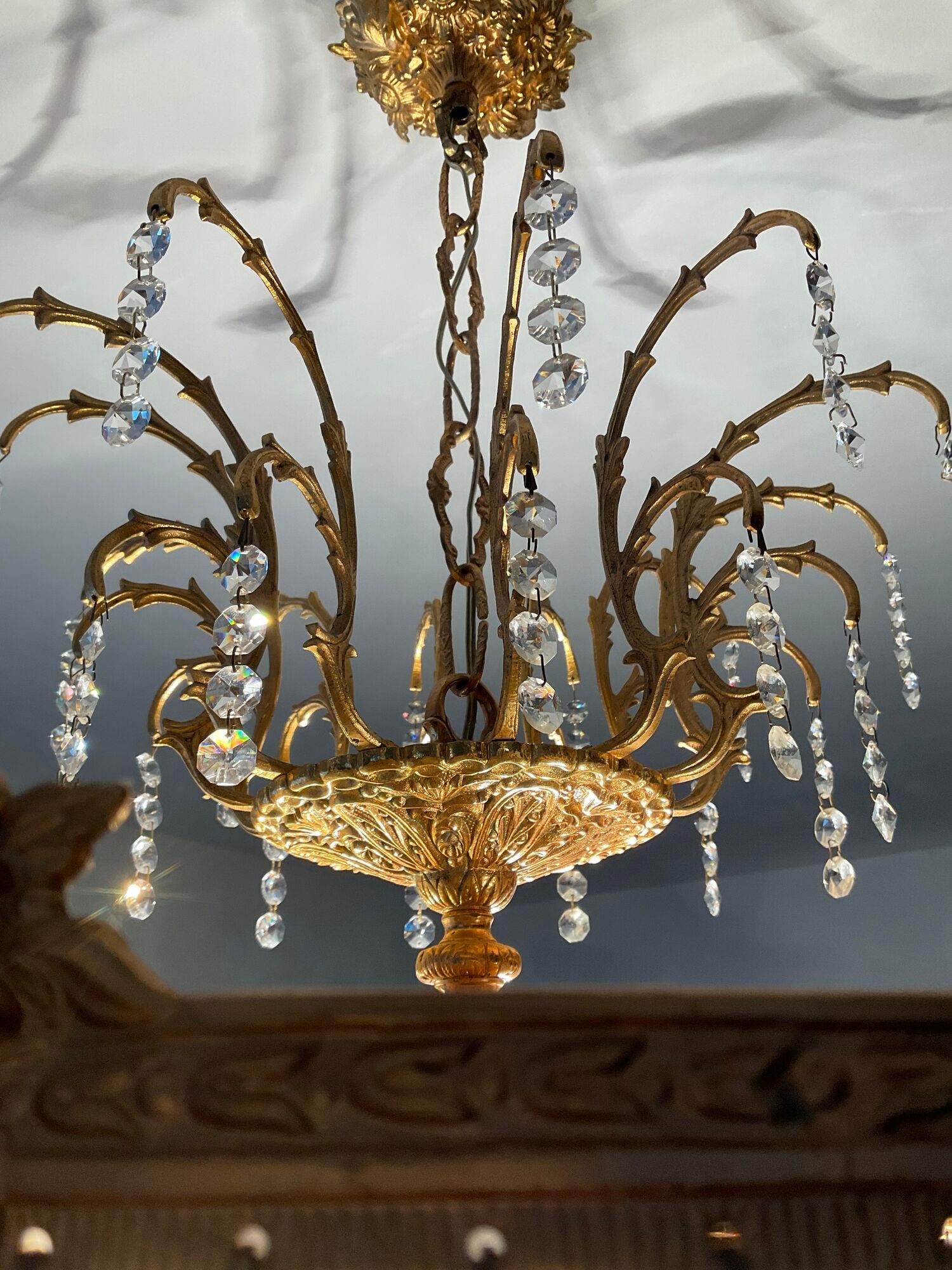 Old bronze waterfall chandelier with crystal tassels