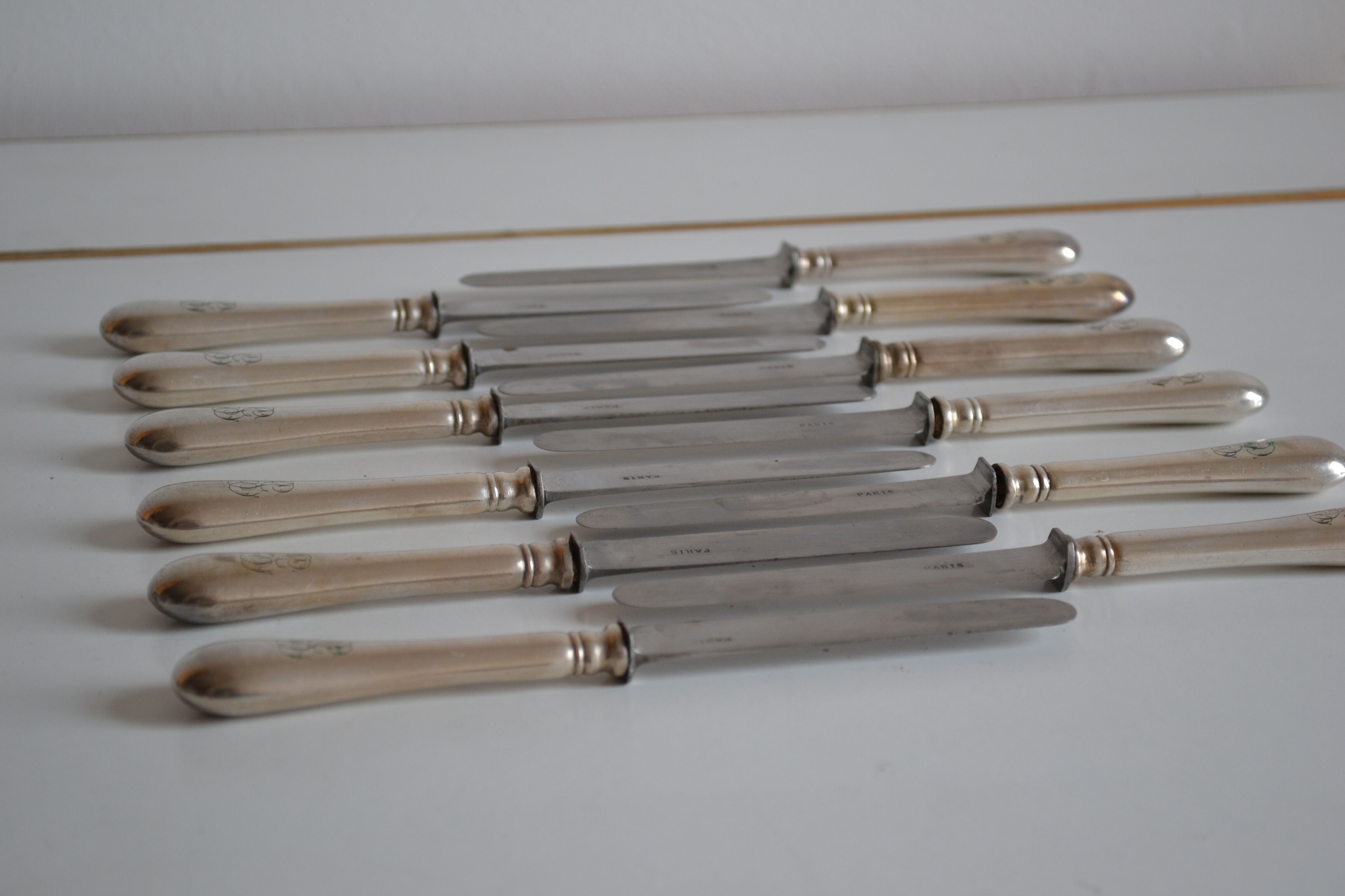 12 dessert knives old metal silver monogram