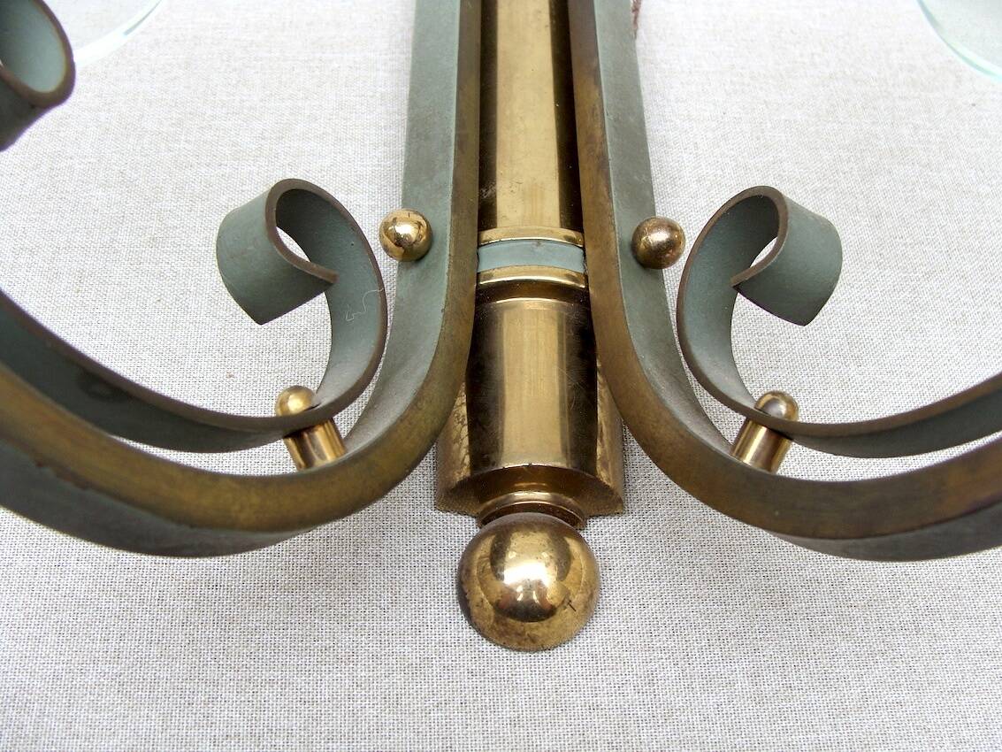 Pair of art deco lacquered metal, brass and glass wall lights
