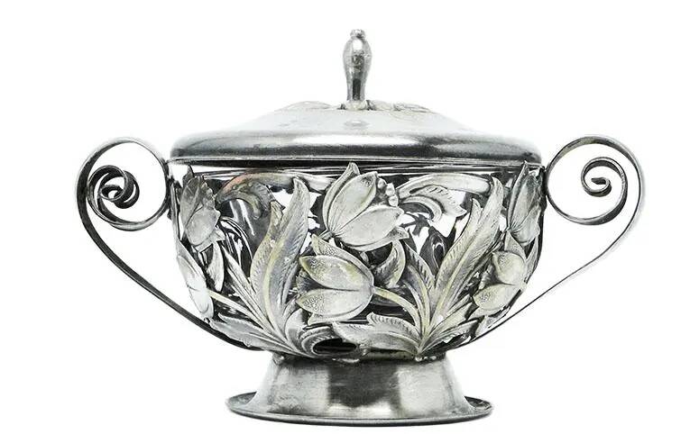 Sugar bowl, postmodernism, silver-plated brass, HEFRA, Poland, 1970s