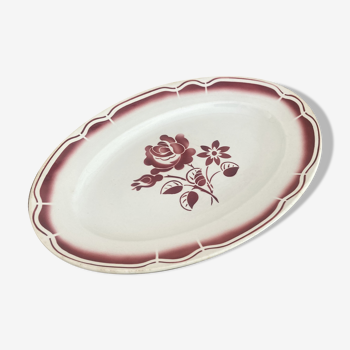 Oval serving dish with burgundy red floral pattern