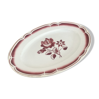 Oval serving dish with burgundy red floral pattern