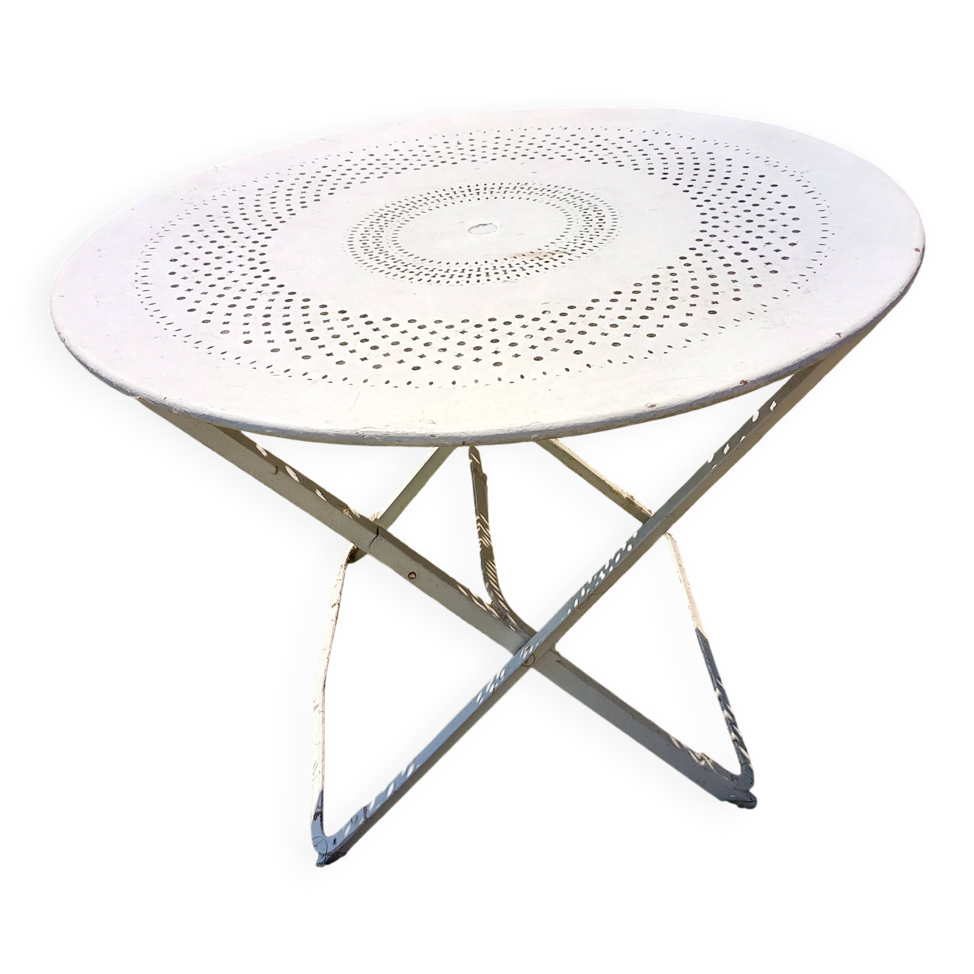 Table de jardin ronde pliable en fer blanche vintage