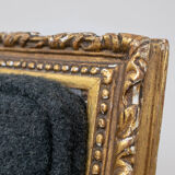 Pair of 19th century Louis XVI gilt armchairs newly re upholstered in holland and sherry fabric