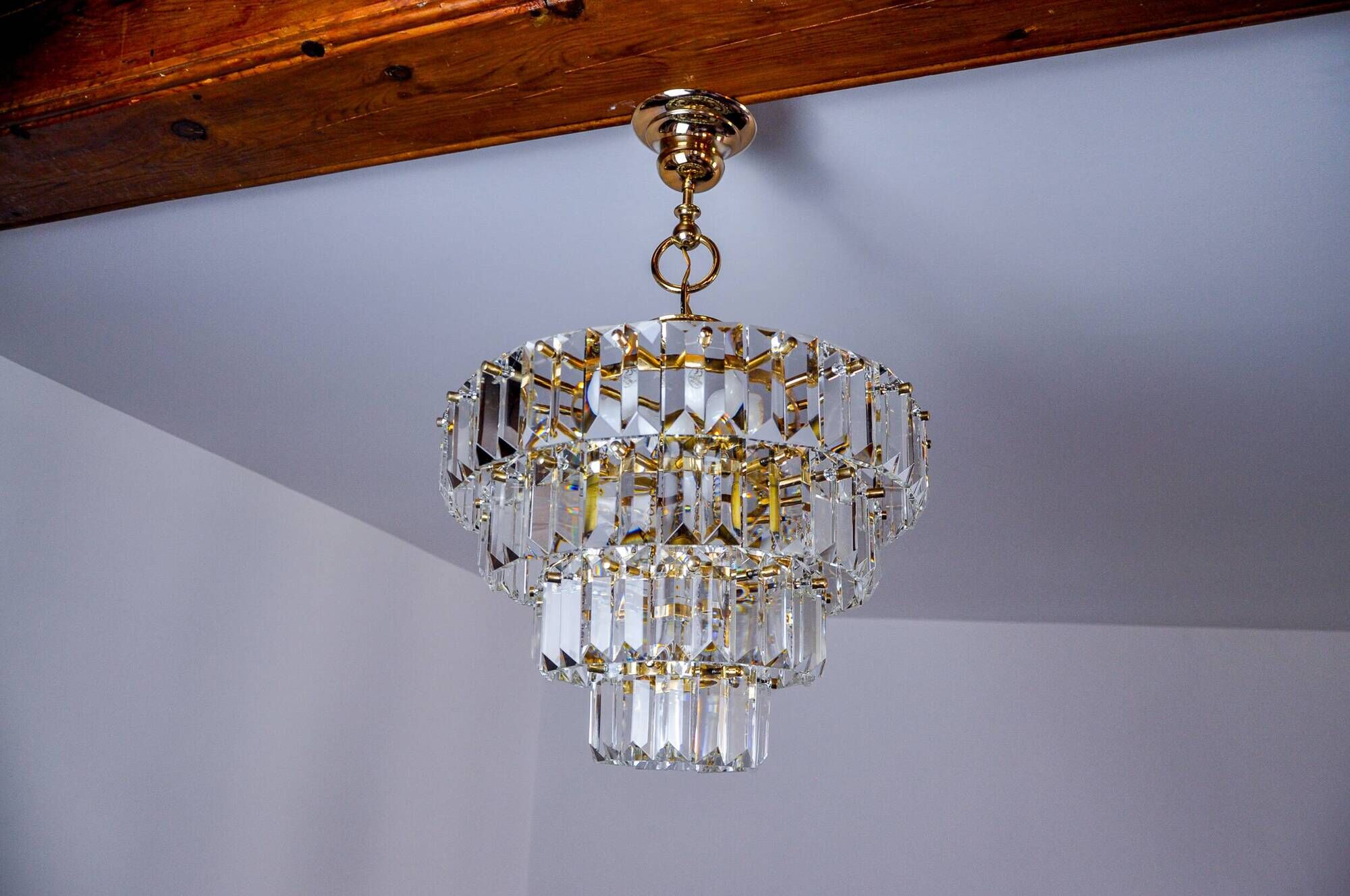 Kinkeldey chandelier, gold, cut glass, 4 levels, Germany, 1970